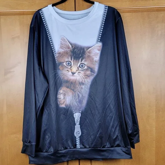 Cute Kitten Face Emerging from Black & White Long Sleeve Zipper Top - 5XL - Picture 2 of 7